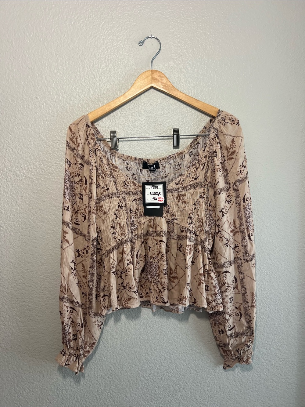 B Collection Blue Boho Smocked Peplum Blouse Size L NWT